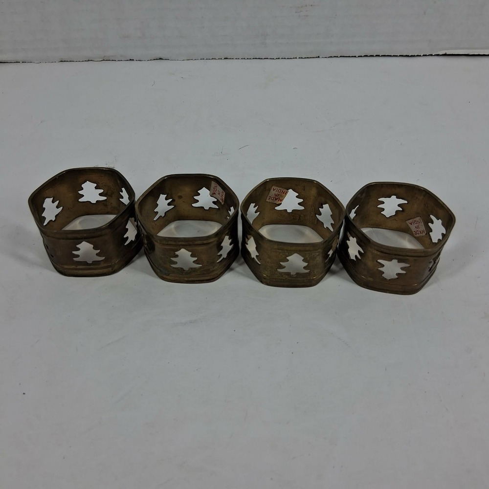 Vintage Brass Christmas Tree Napkin Rings Set‎ of 4 Hexagon Holiday Gold India
